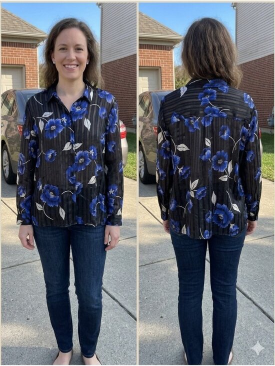 Alfred Dunner Tops - Alfred Dunner Vintage 90s Blue Floral Sheer Stripe Button Up Blouse Top Size 18